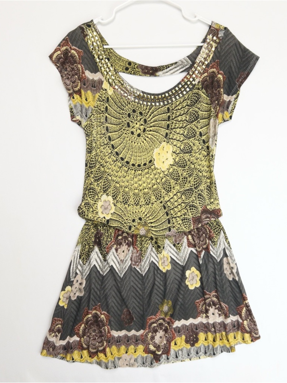 Y2k Grunge Festival Mini Dress Mixed Print Gold Studded Chain Link Back M VTG